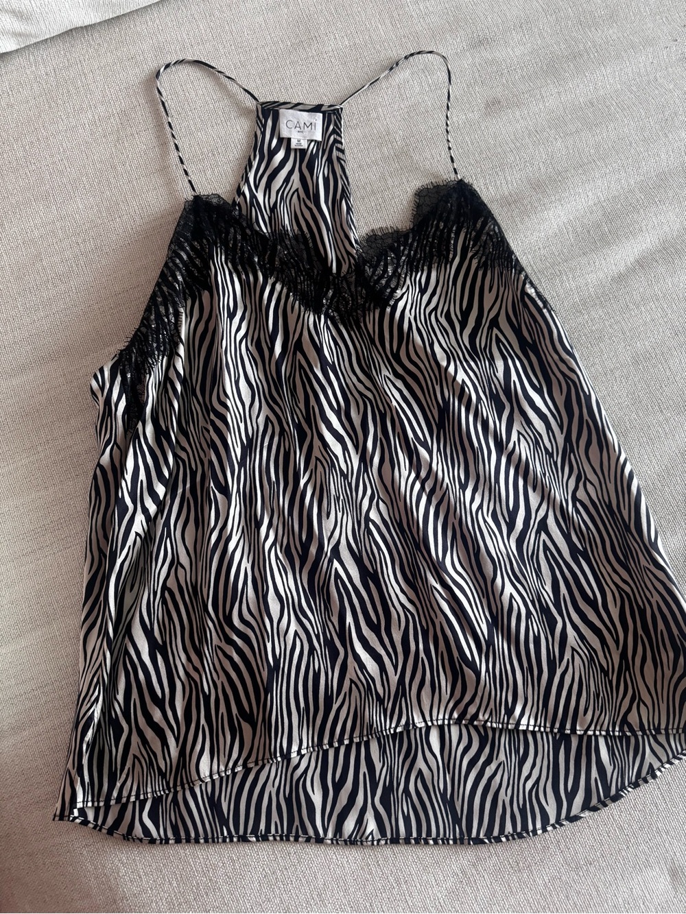 Cami NYC Black and White Zebra Print Silk Lace-Trim Camisole